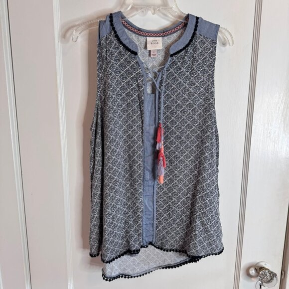 Knox Rose Sleeveless Lightweight Boho Trim Diamond Print Top sz L - Picture 1 of 7